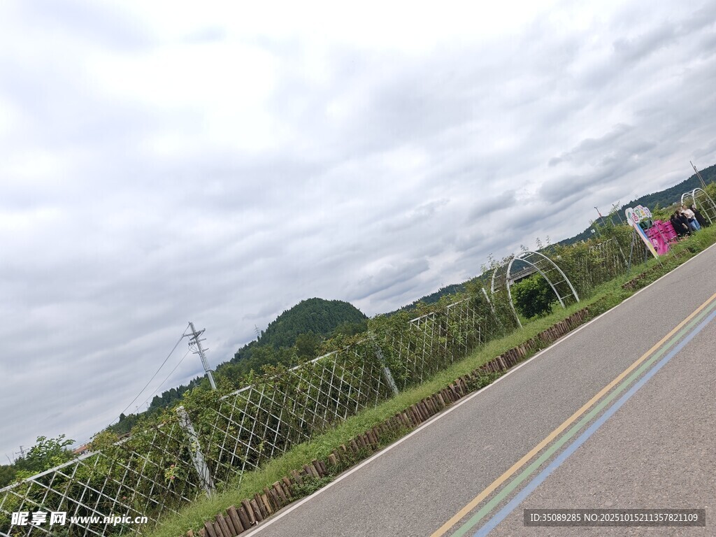 公路旁的围栏与远山景色