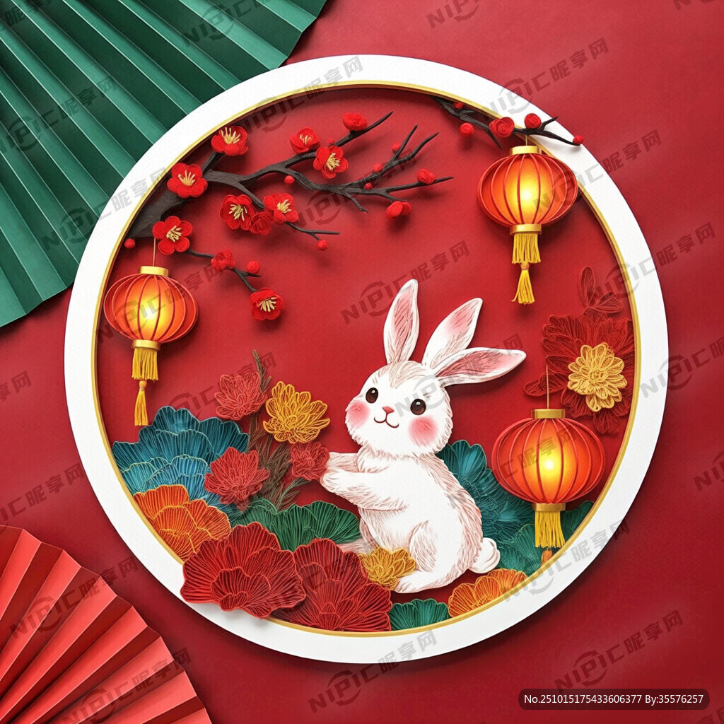 衍纸艺术 春节 可爱兔子 红梅