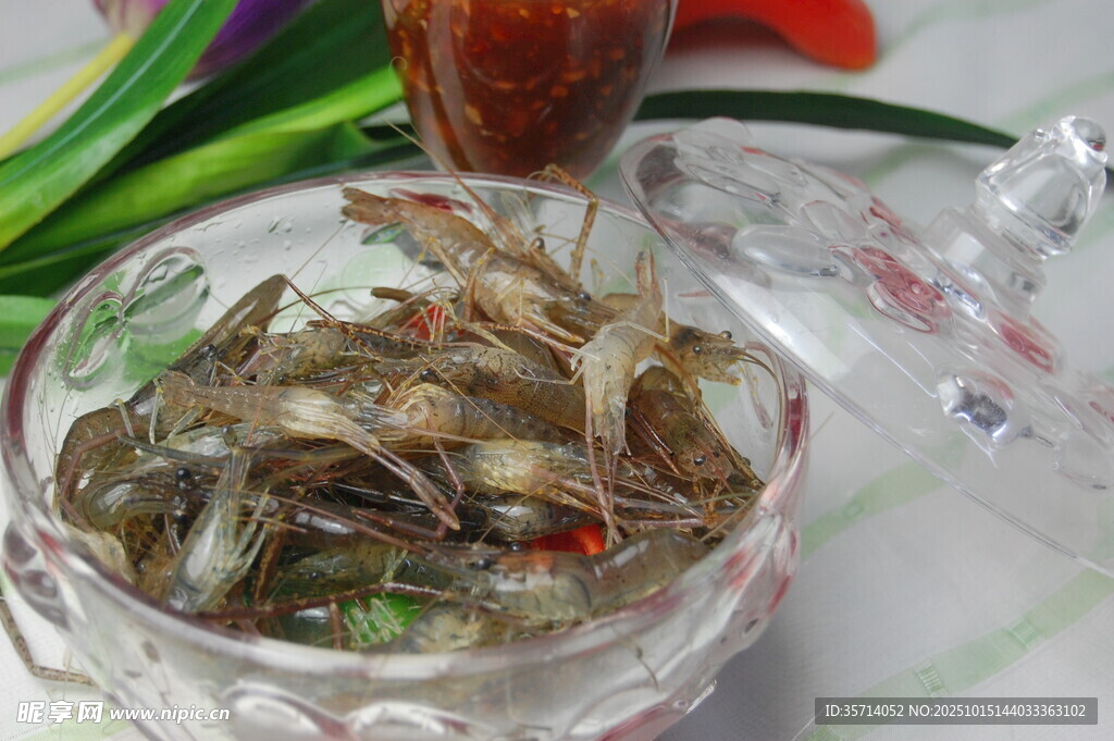 透明碗中的鲜活小河虾