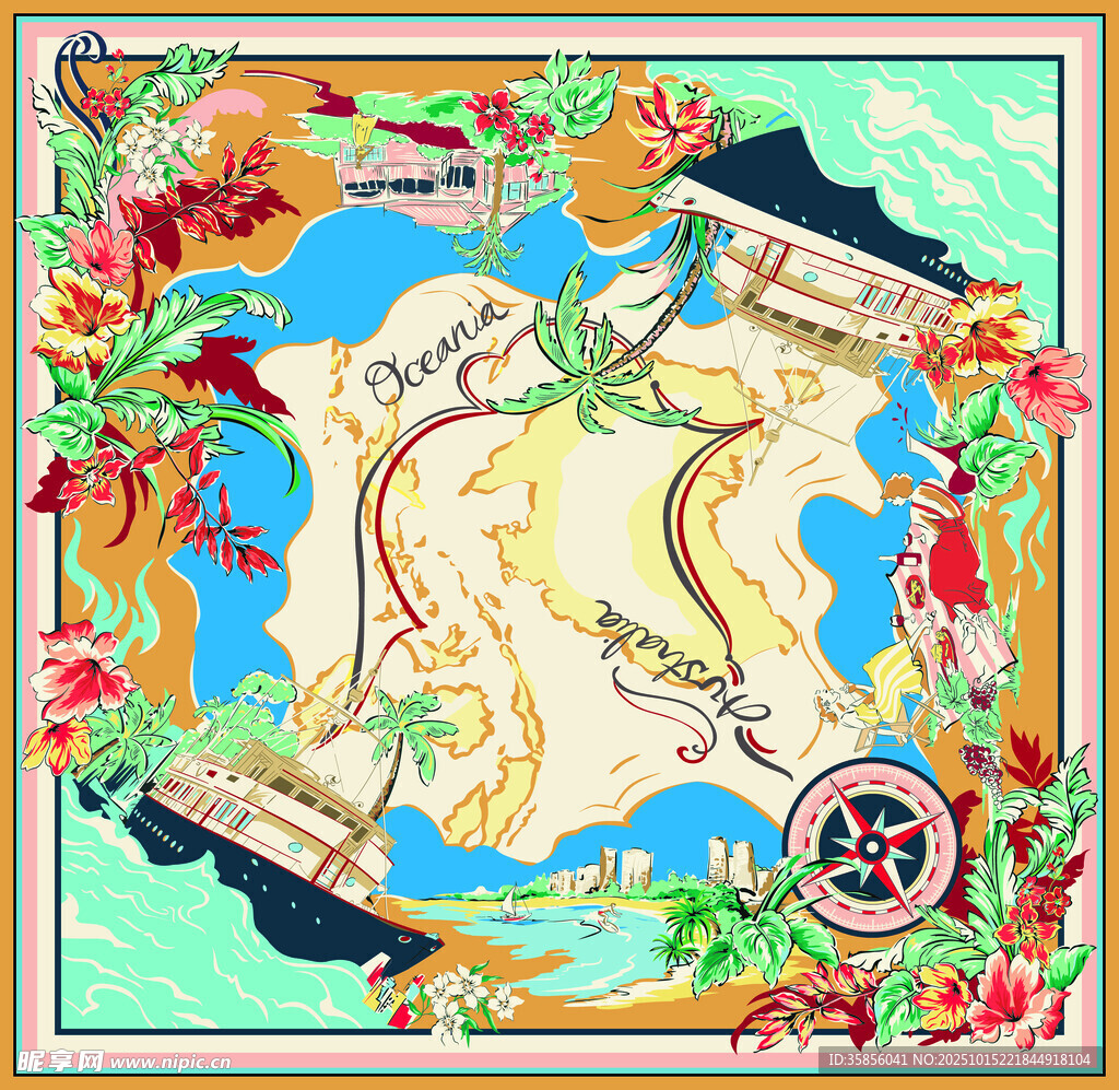 多彩航海主题印花方巾