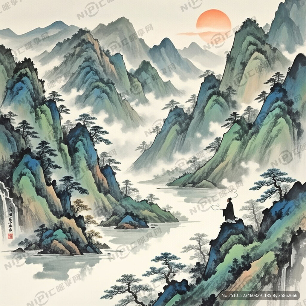中医养生 山谷 中国风 中国画