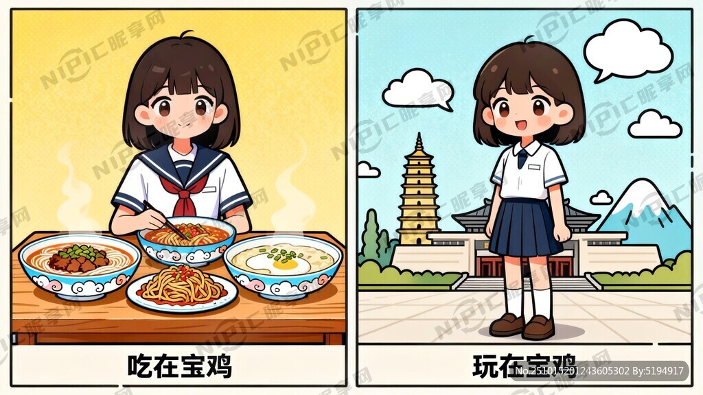 画面以吃在宝鸡、玩在宝鸡为主题