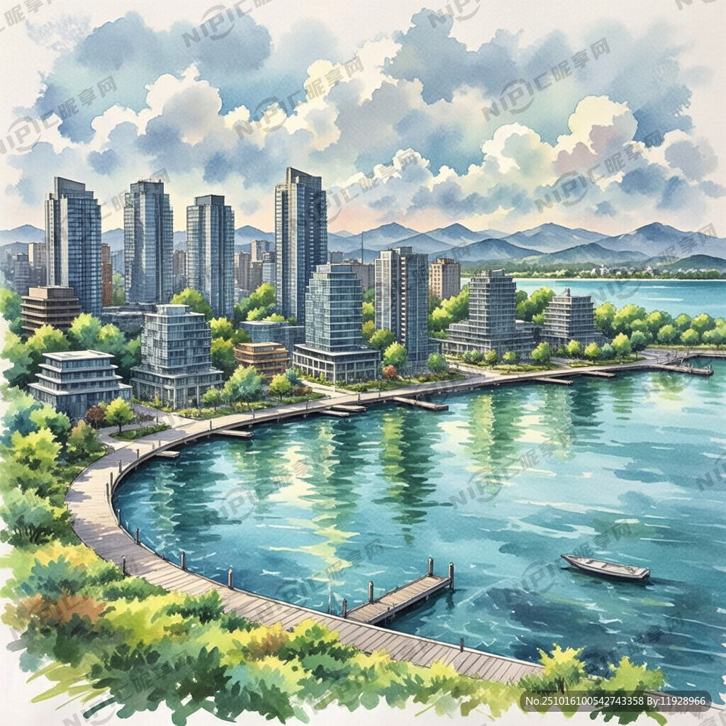 临港滴水湖  建筑  手绘 