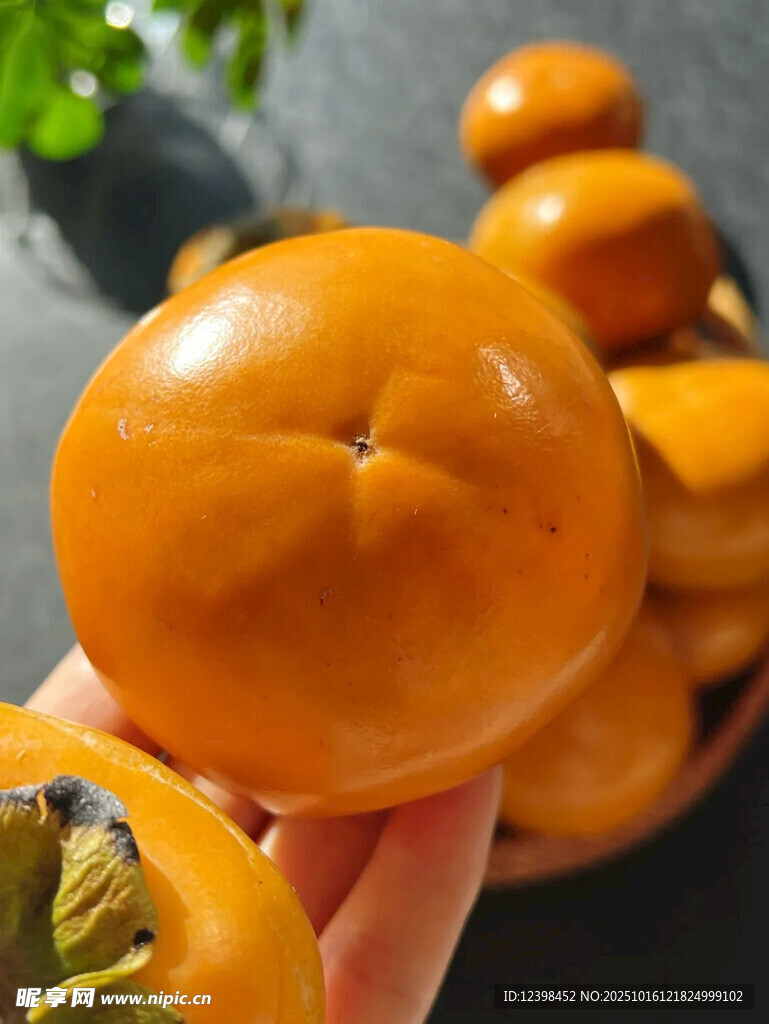 手捧新鲜诱人的甜柿子