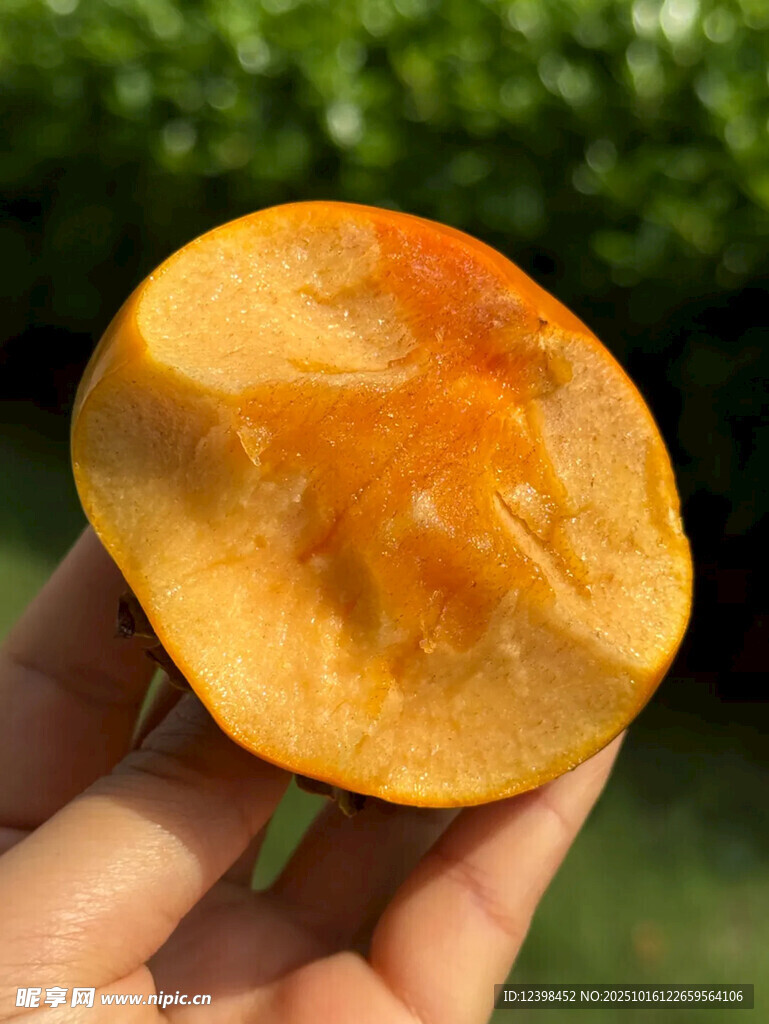 手捧切开的金黄甜柿子
