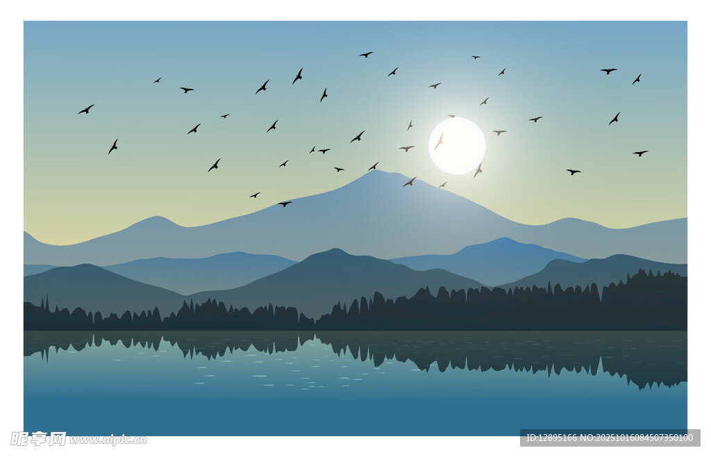 湖畔月夜飞鸟与远山美景