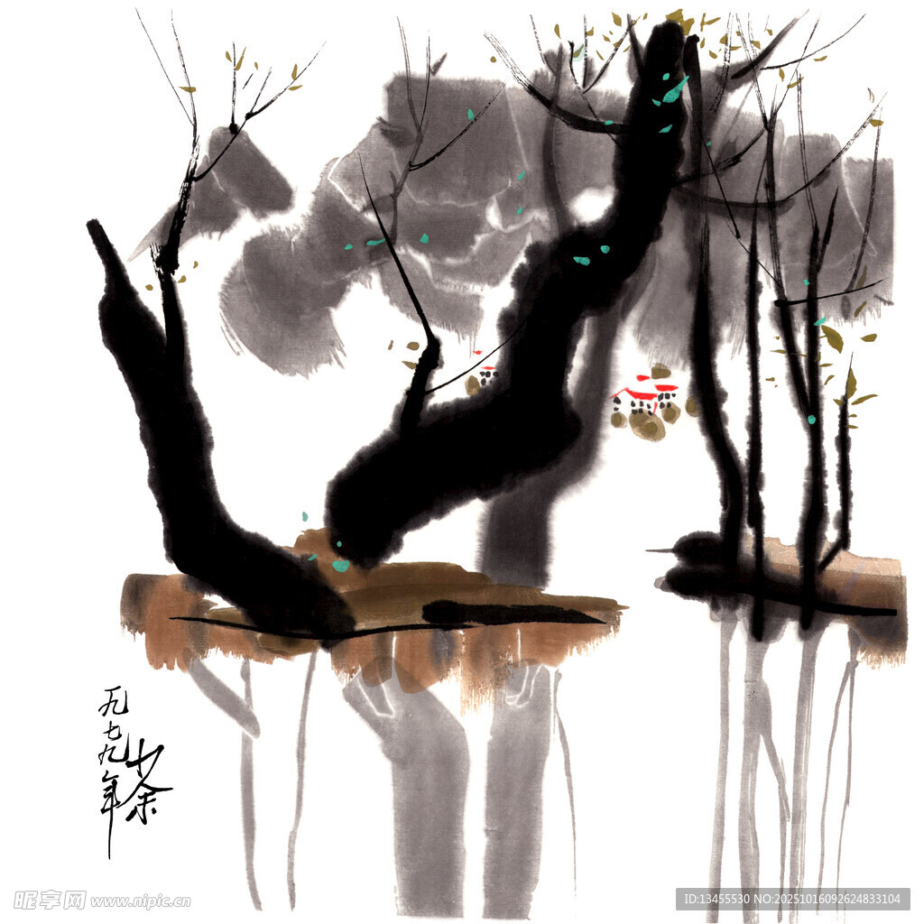 水墨写意枯树山水图景