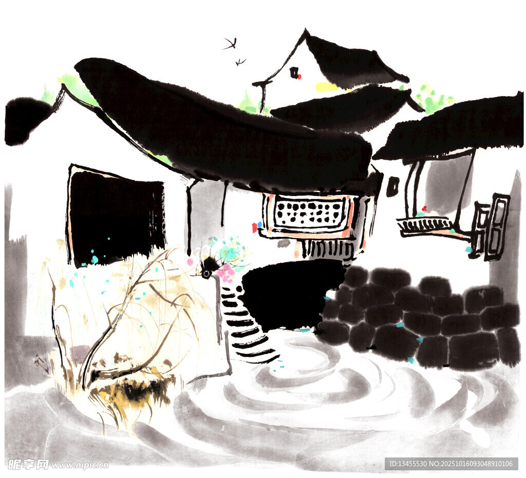 水墨风江南水乡民居画面