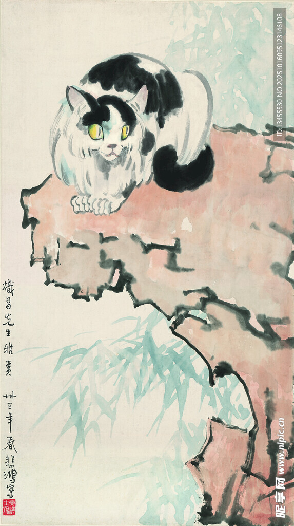 水墨风猫咪卧于山石间