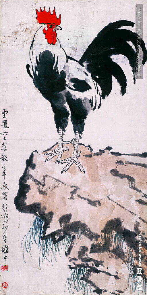 水墨雄鸡立于岩石之上