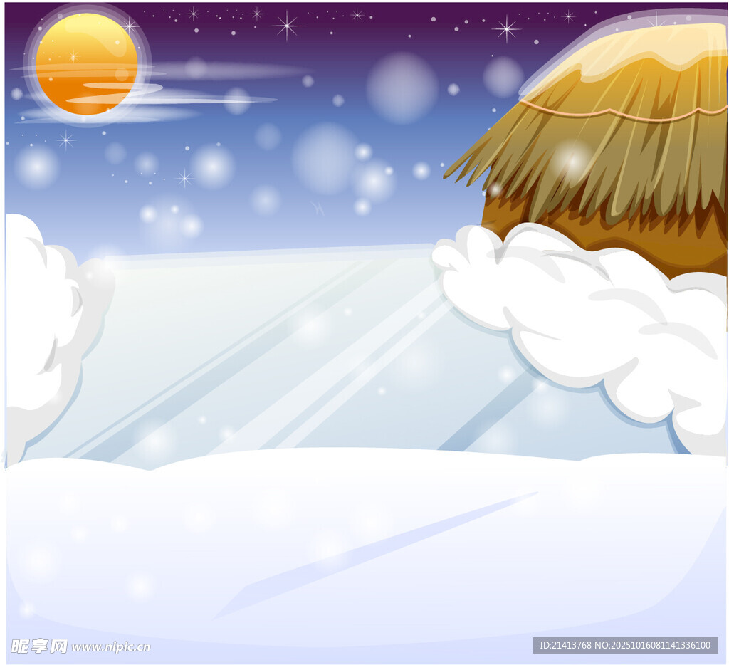 冬日雪景中的茅草屋