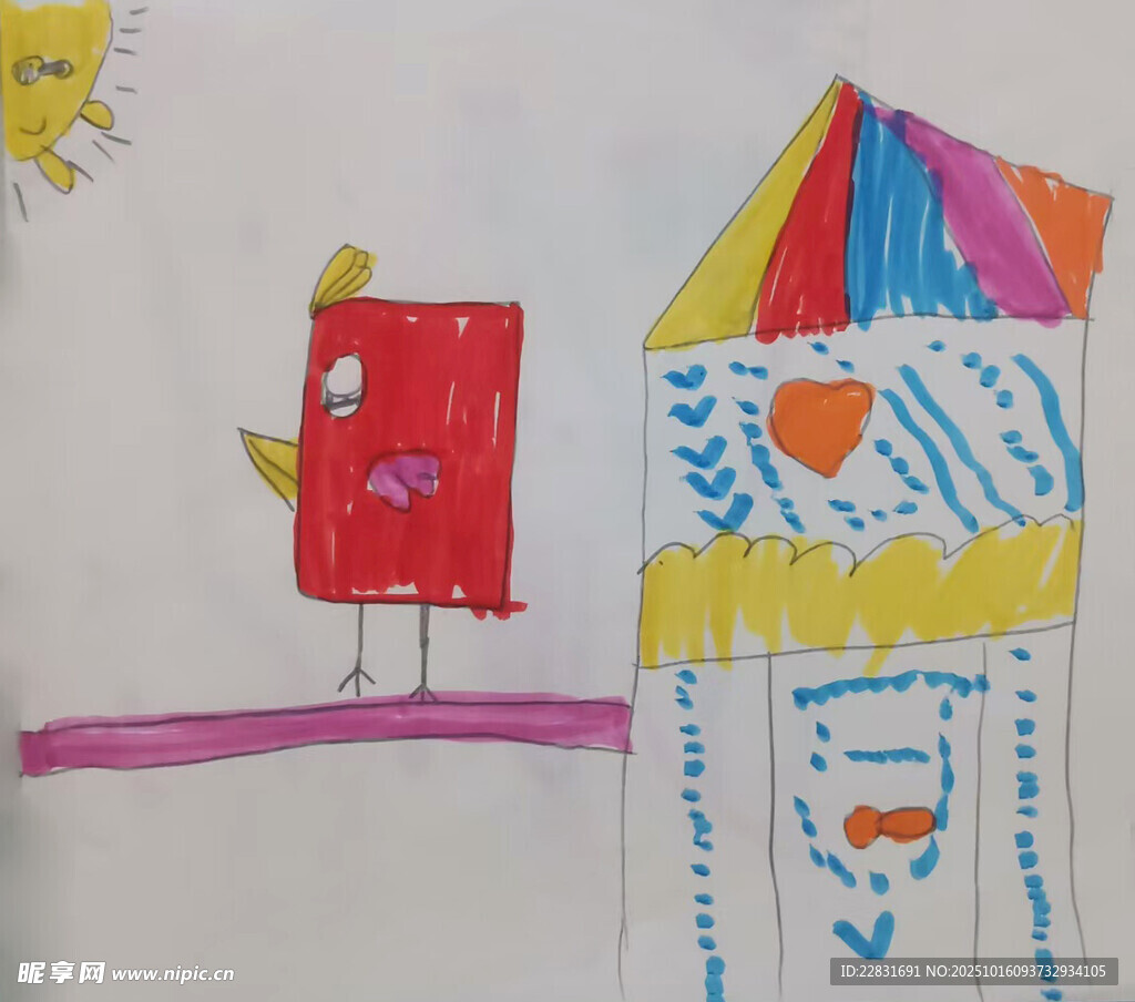 儿童手绘画 彩色小屋与啄木鸟