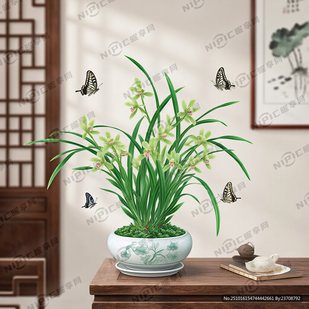 手绘一盆陕西镇安兰花  有蝴蝶