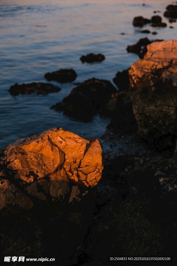 夕阳下海边嶙峋的礁石