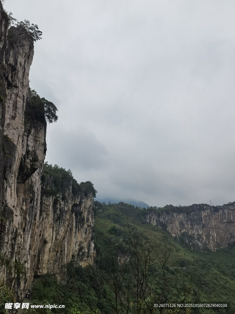 险峻山崖与葱郁山林景观