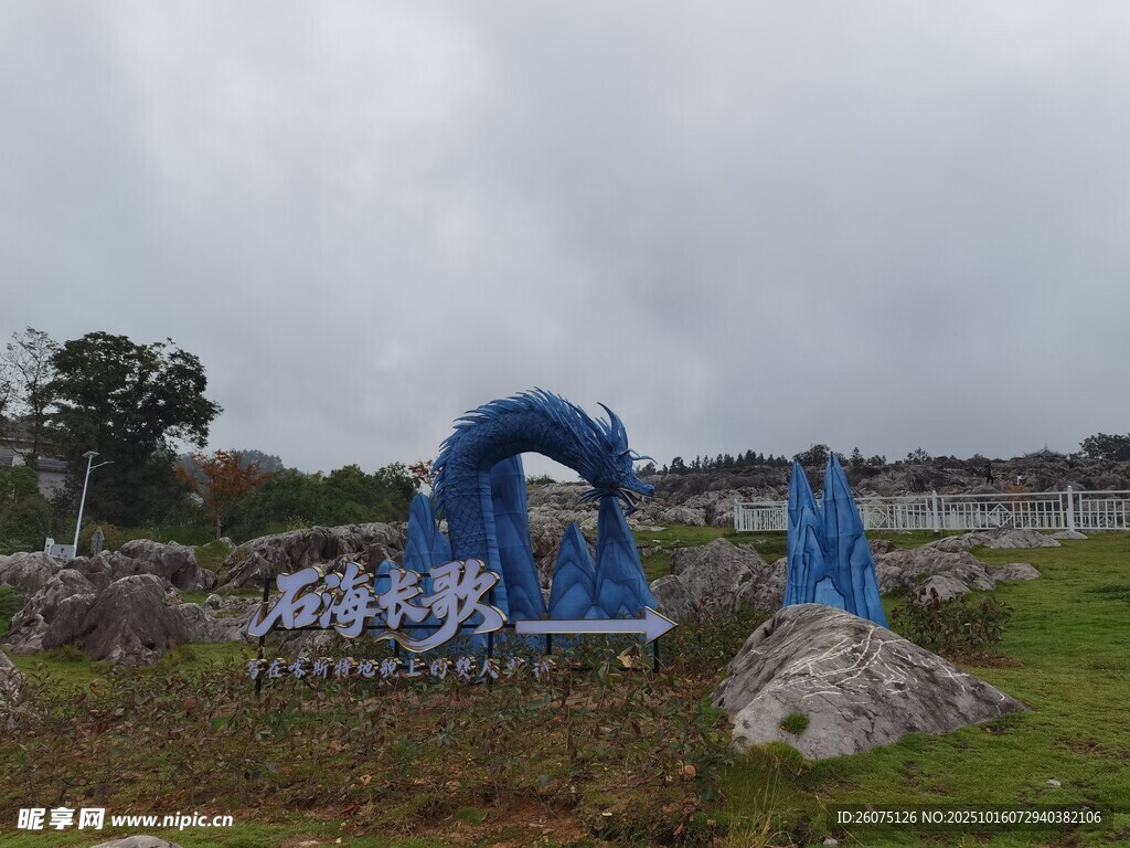 蓝色艺术雕塑于户外草地