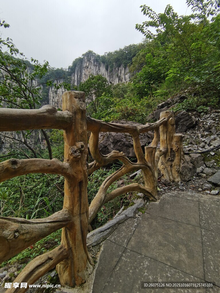山间木质栈道与葱郁景致