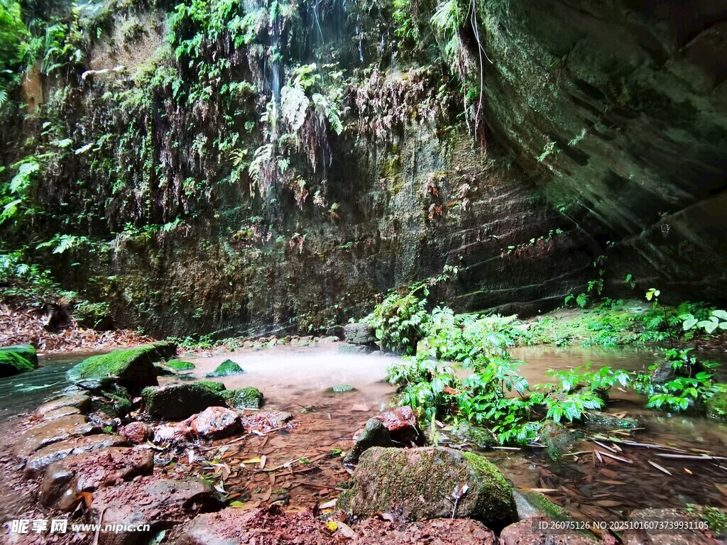 山间瀑布下的自然景致