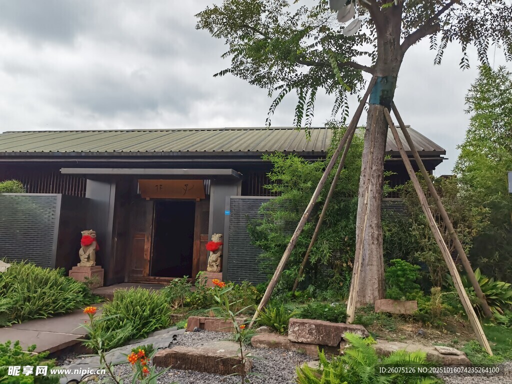 中式庭院小屋绿植环绕