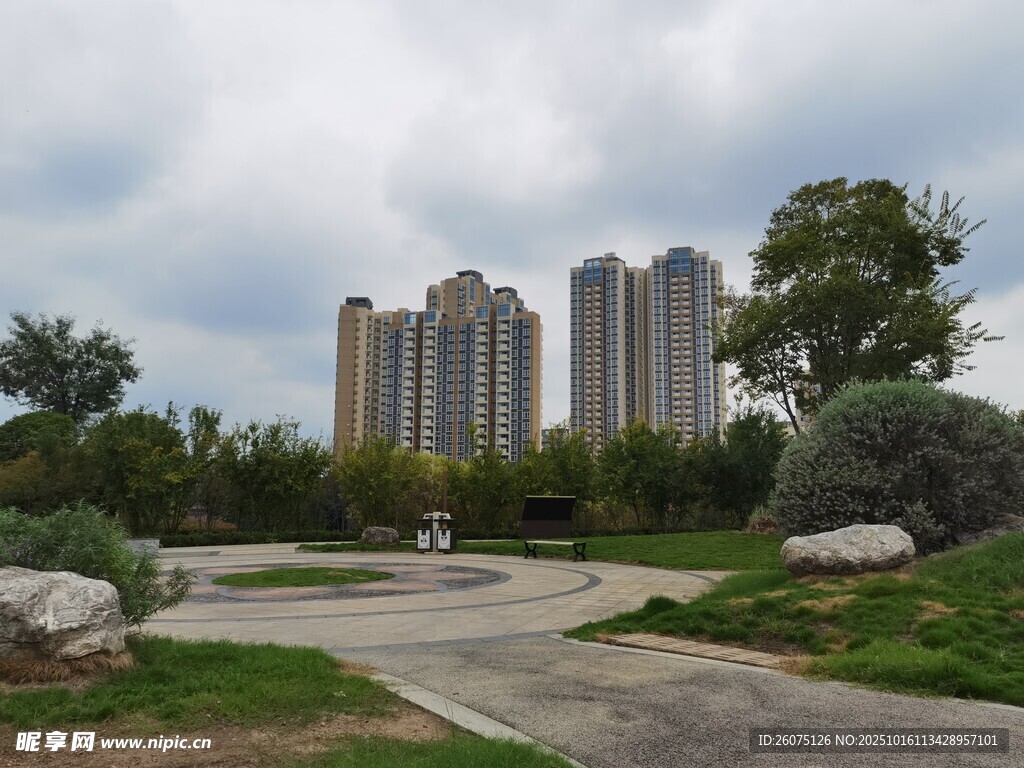 城市公园旁的高层住宅景观