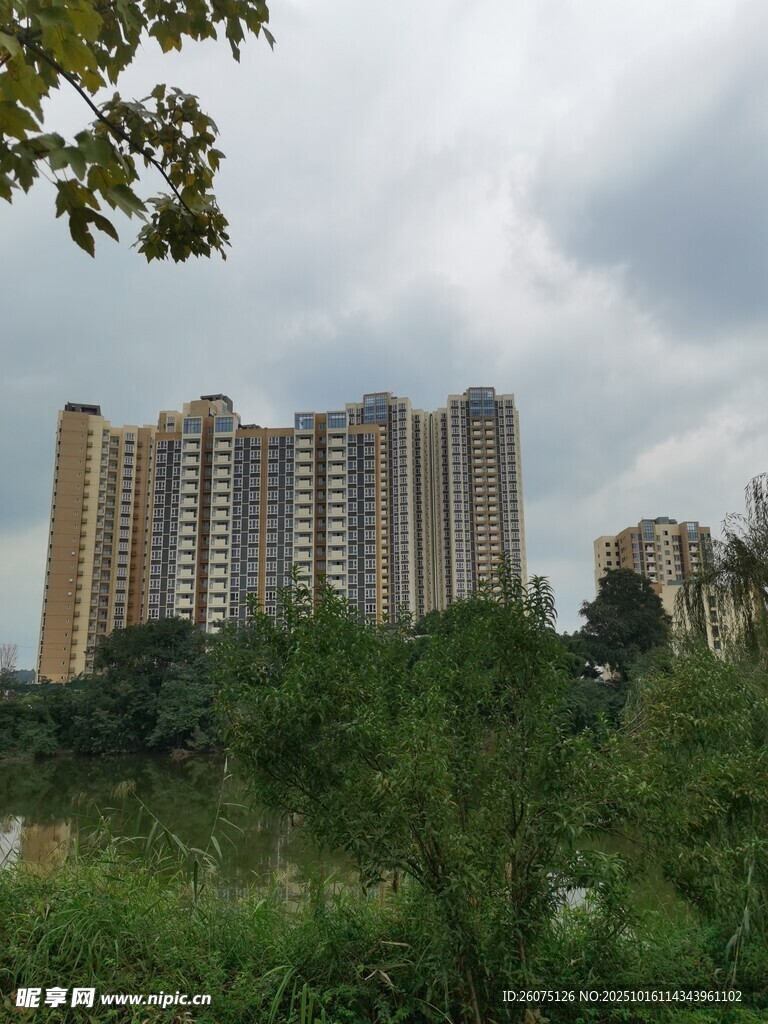 高楼林立于绿意环绕间