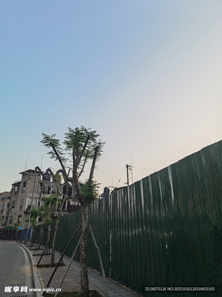 路边绿植旁的围栏景象
