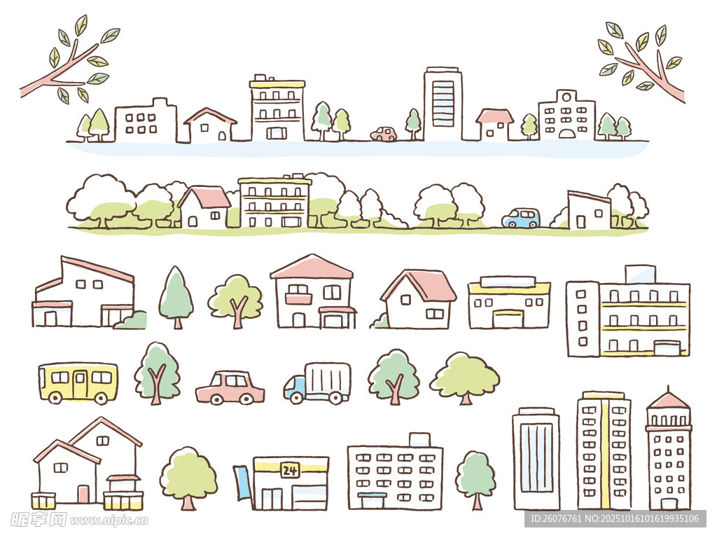 城市与乡村建筑简笔画
