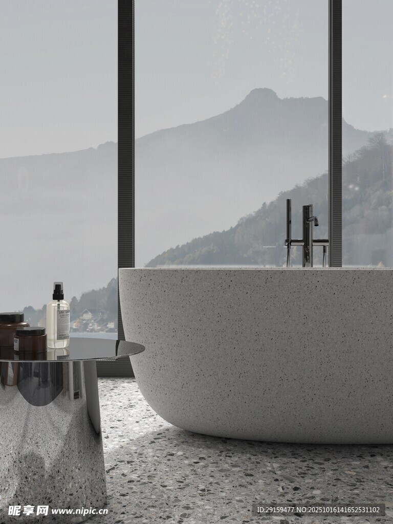 现代简约风浴缸与山景