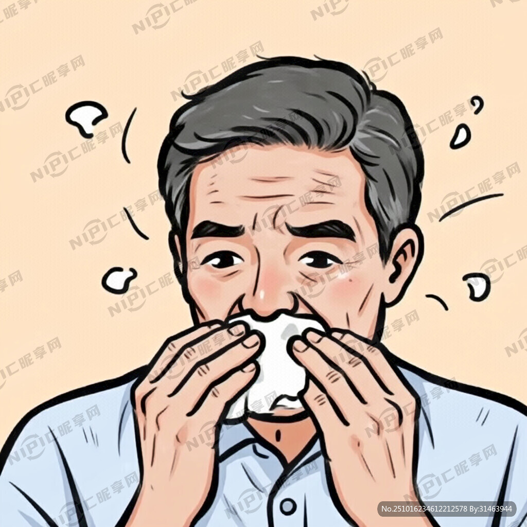 中年男性打喷嚏的卡通插画