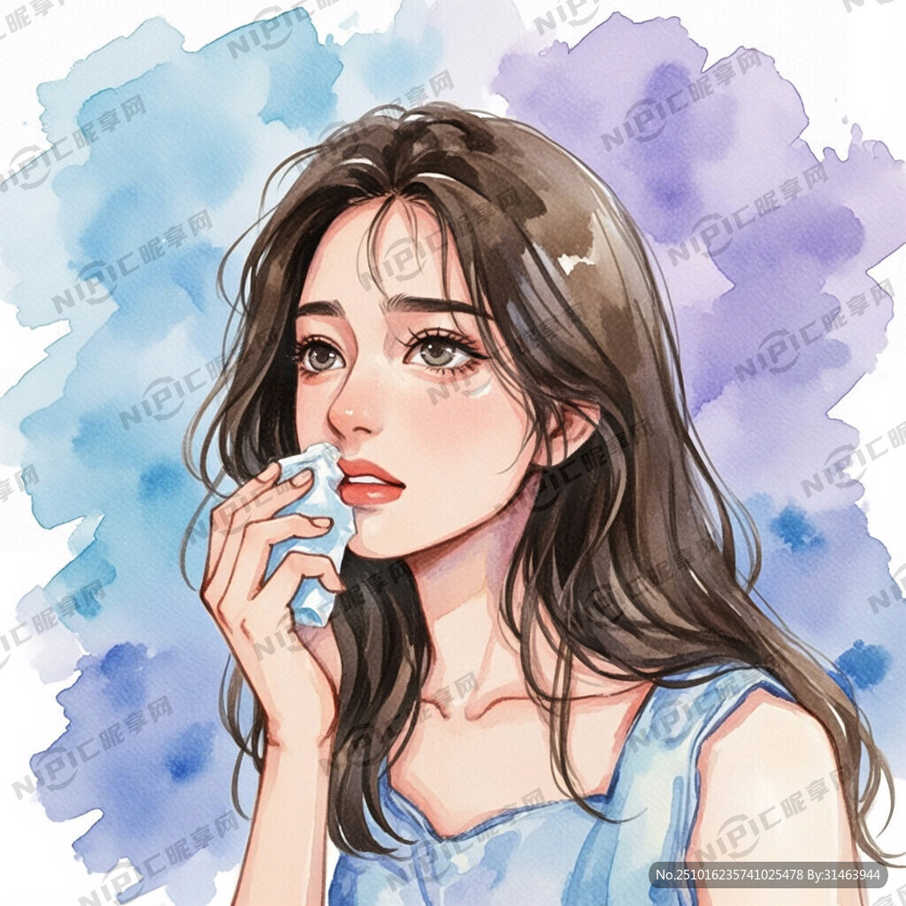 打喷嚏的美女水彩画