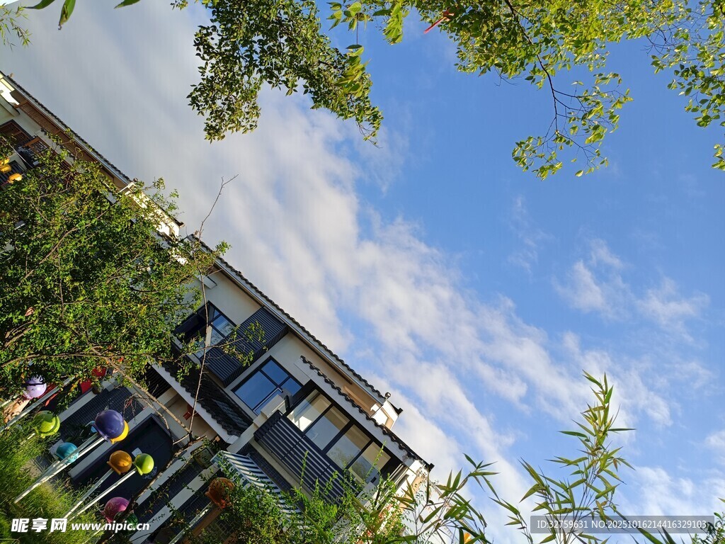现代建筑与蓝天绿树相映