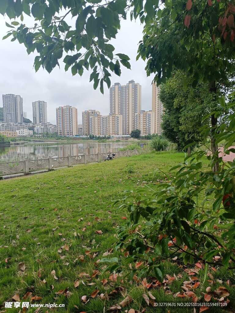 城市河畔绿意盎然景色