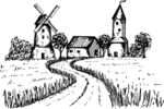 乡村田园风车风景素描图