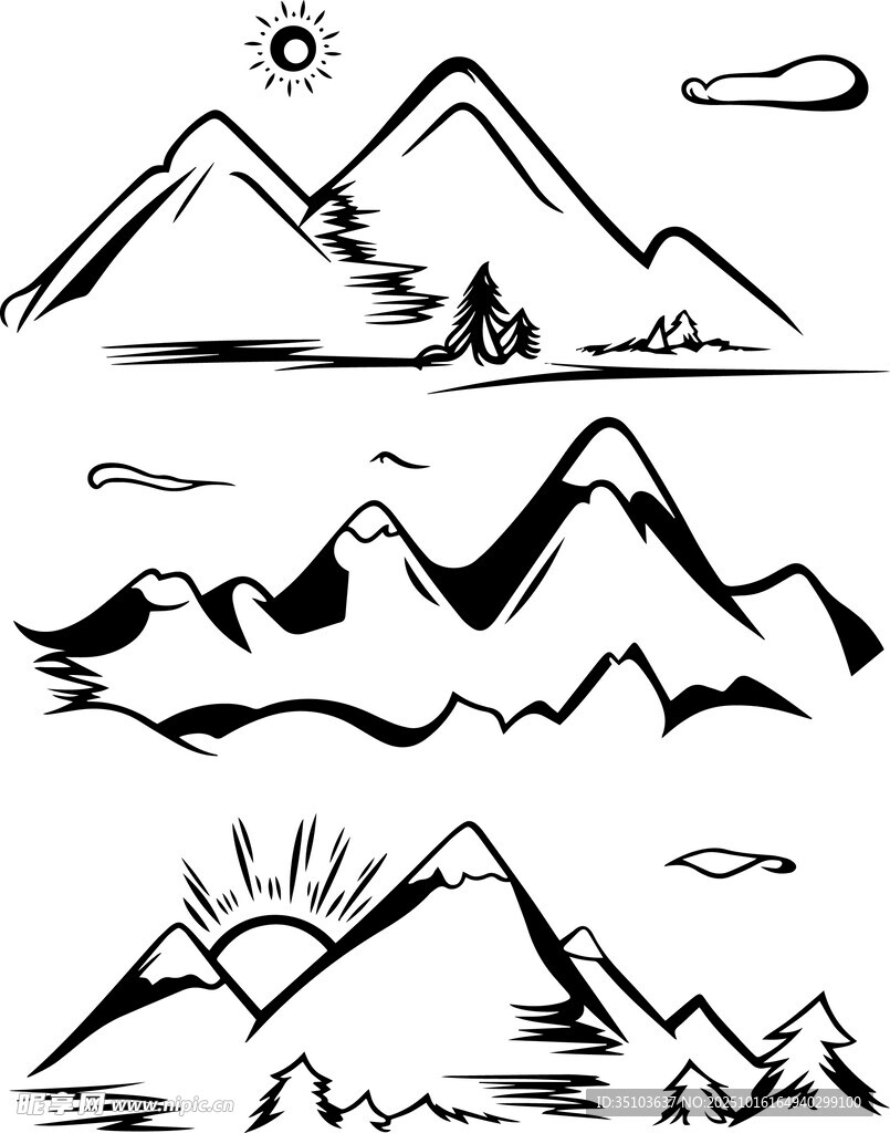 黑白手绘风山川风景图