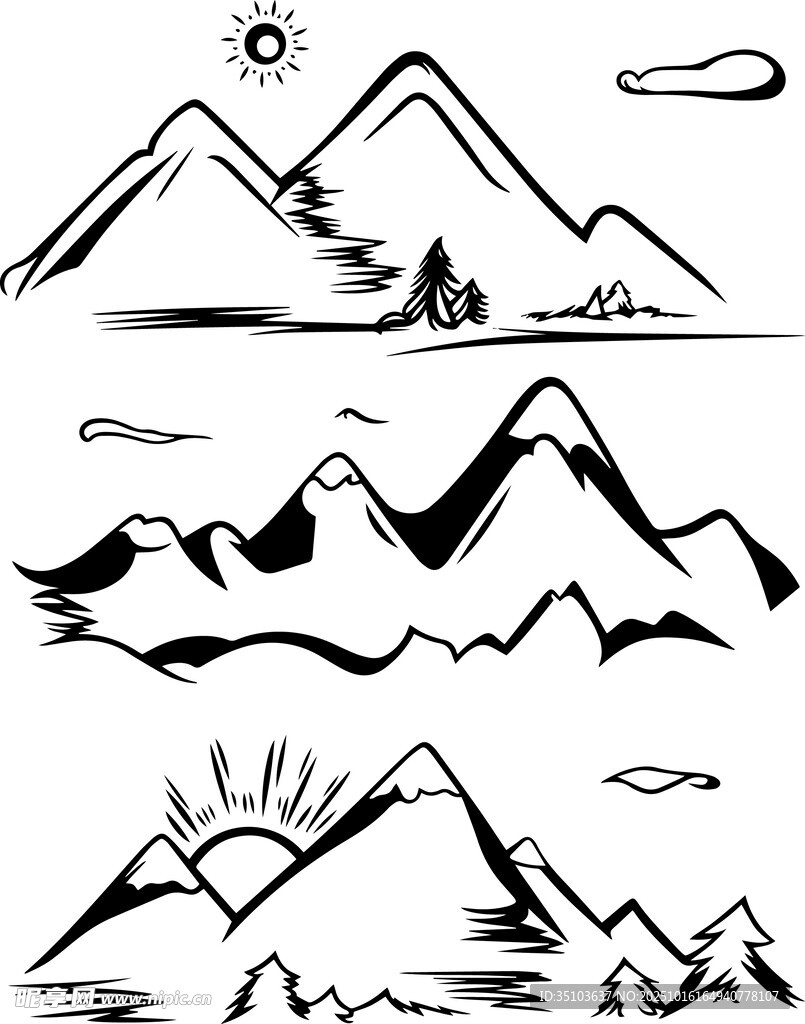 黑白手绘风山川风景图
