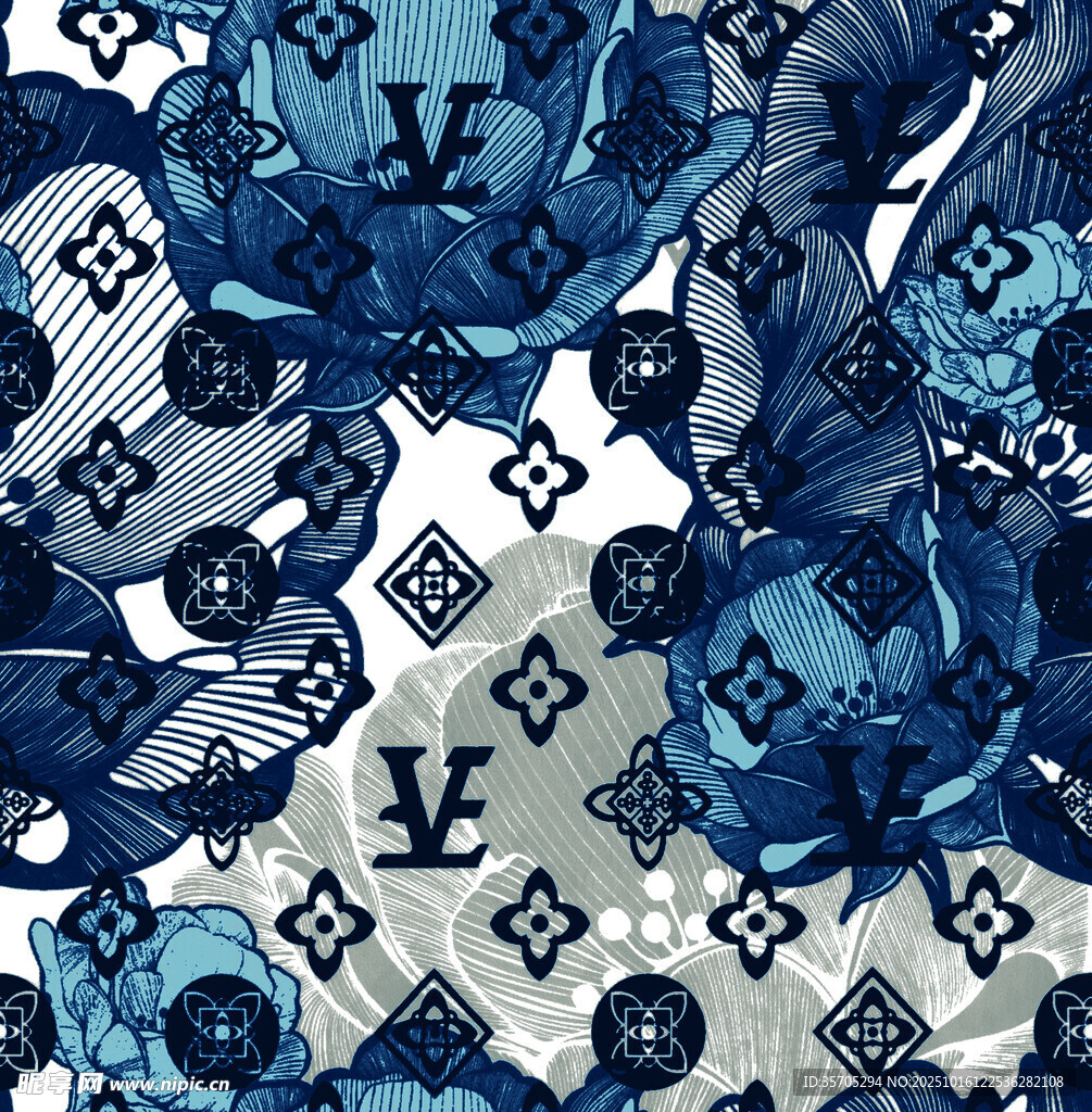 蓝白花卉几何图案印花