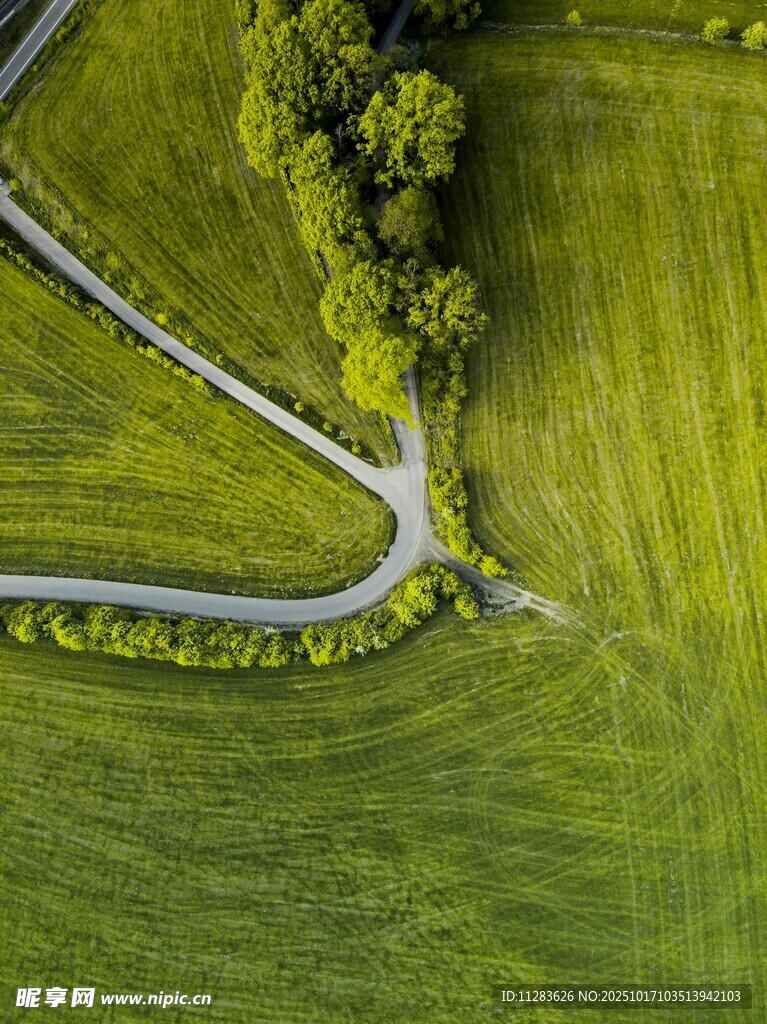 航拍绿野间蜿蜒小路
