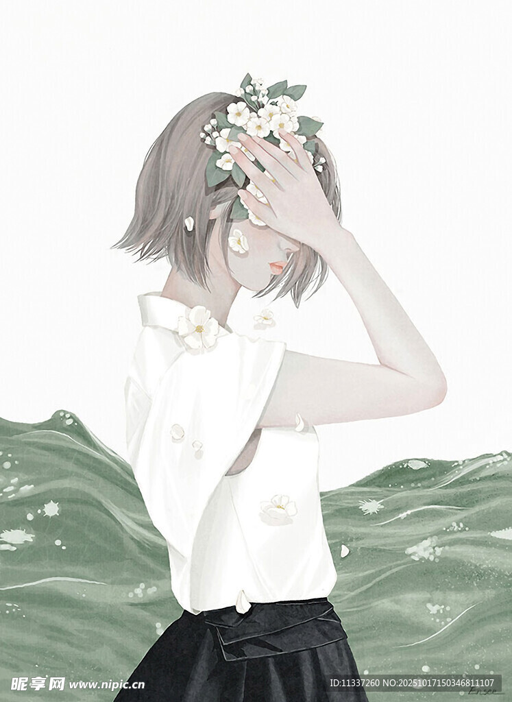 海边戴花环的白衣少女