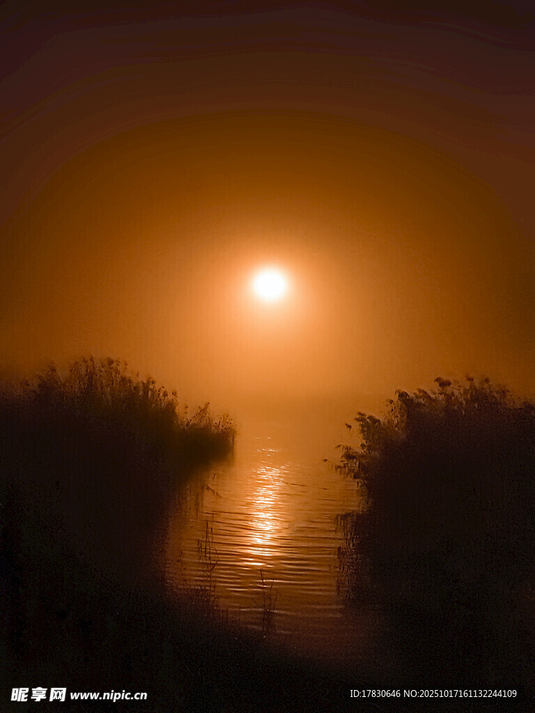 夕阳下的静谧水面与芦苇