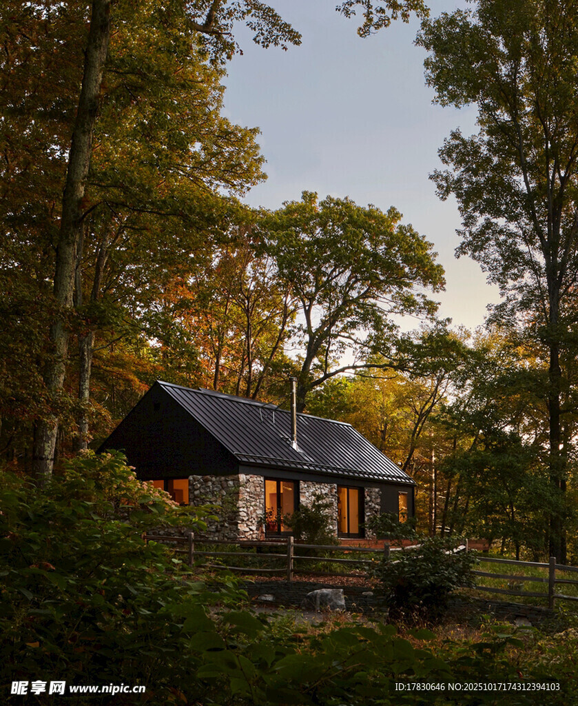 林间小屋静谧的自然之景