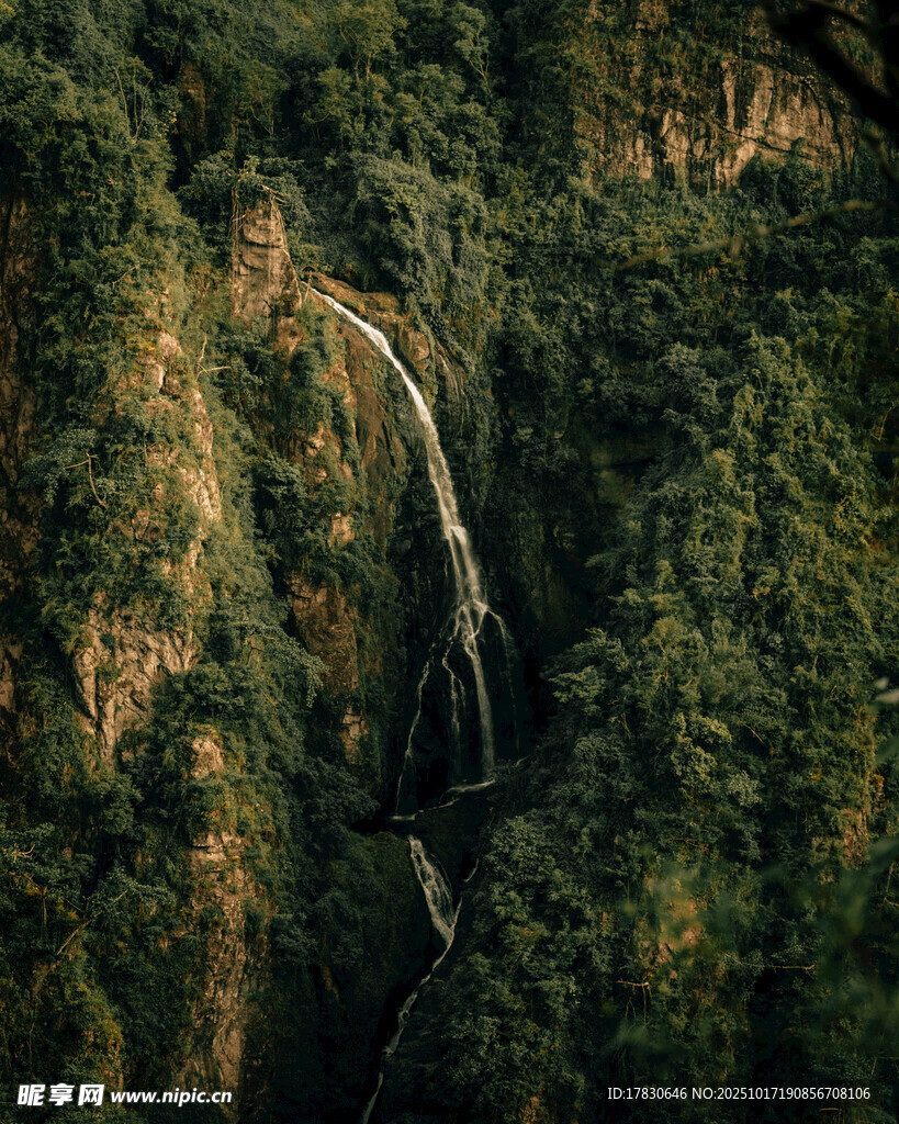 山间瀑布绿意盎然的美景
