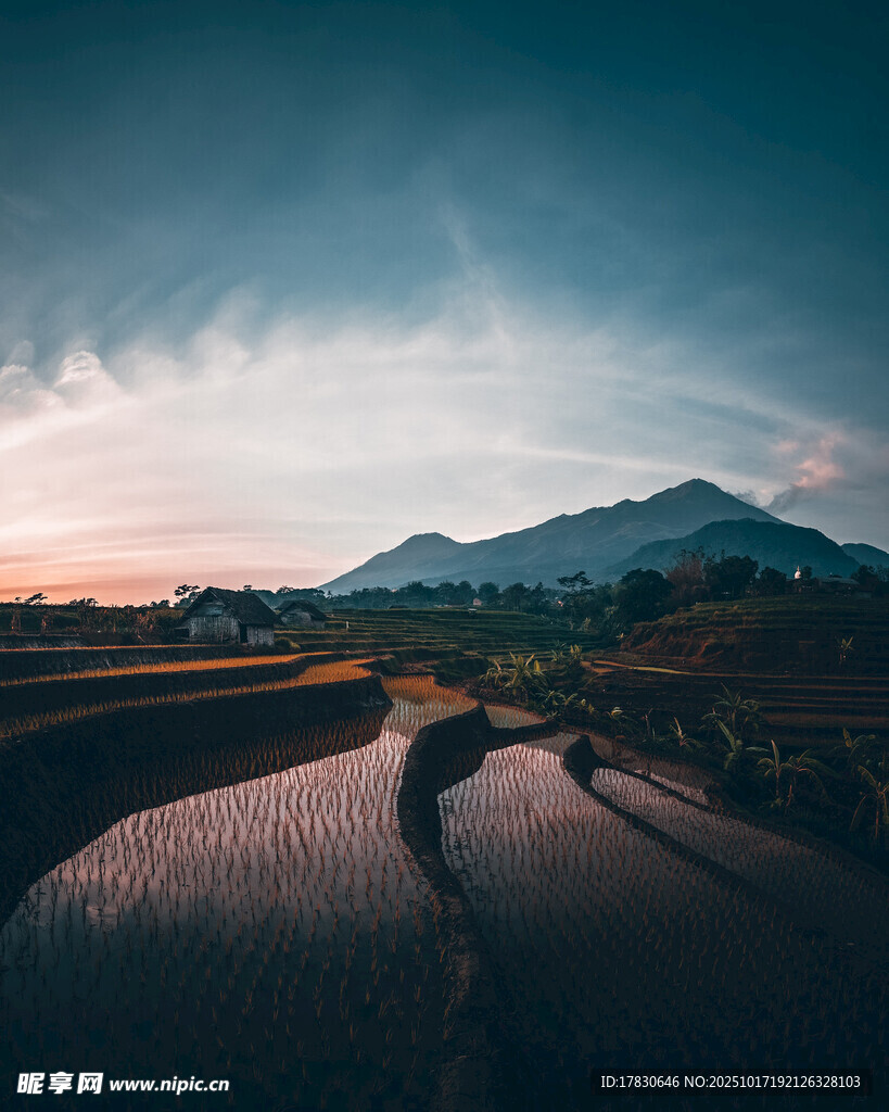 夕阳下的水田与远山美景