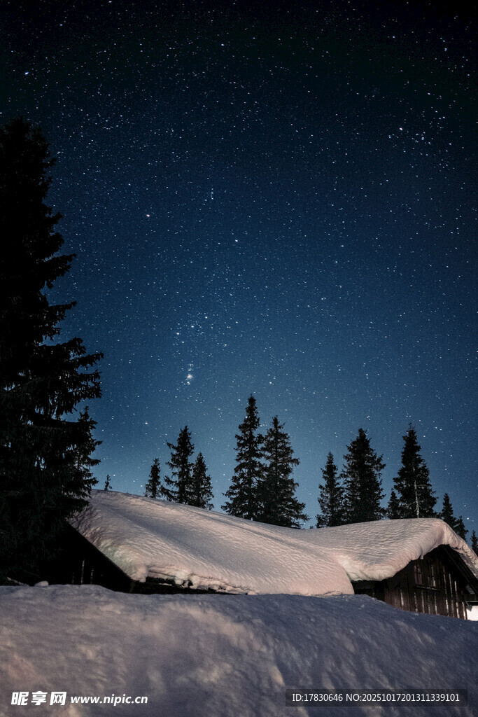 雪夜山林中的静谧小屋