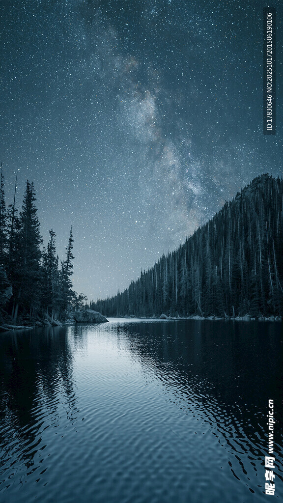 静谧湖畔星空下的森林美景