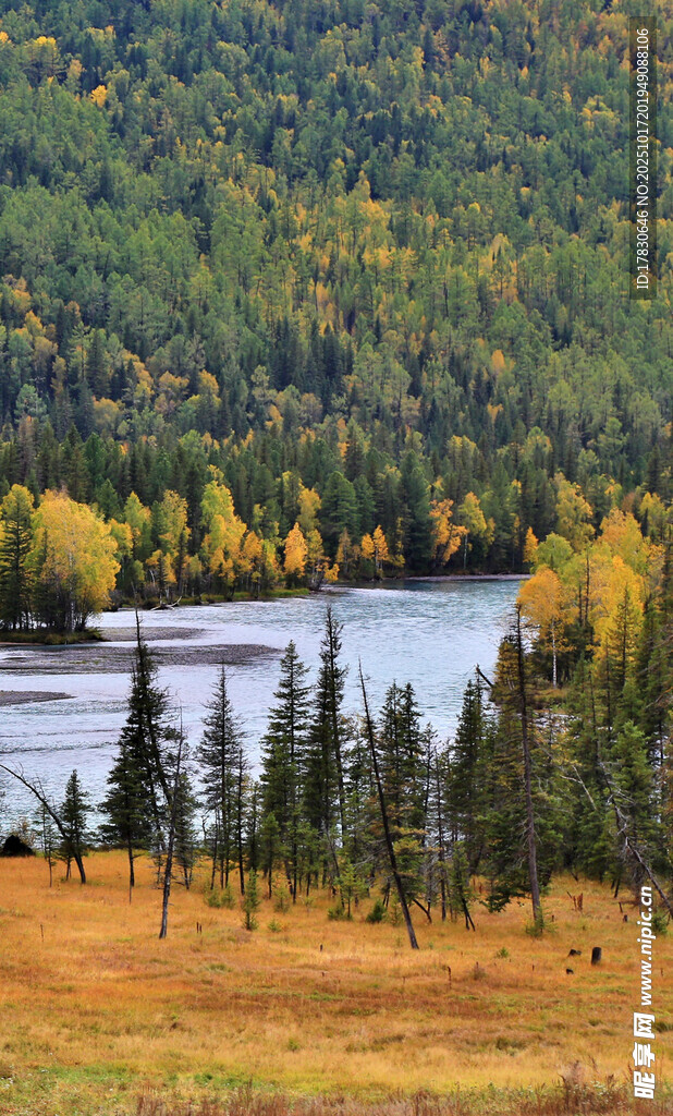 秋日湖畔山林美景