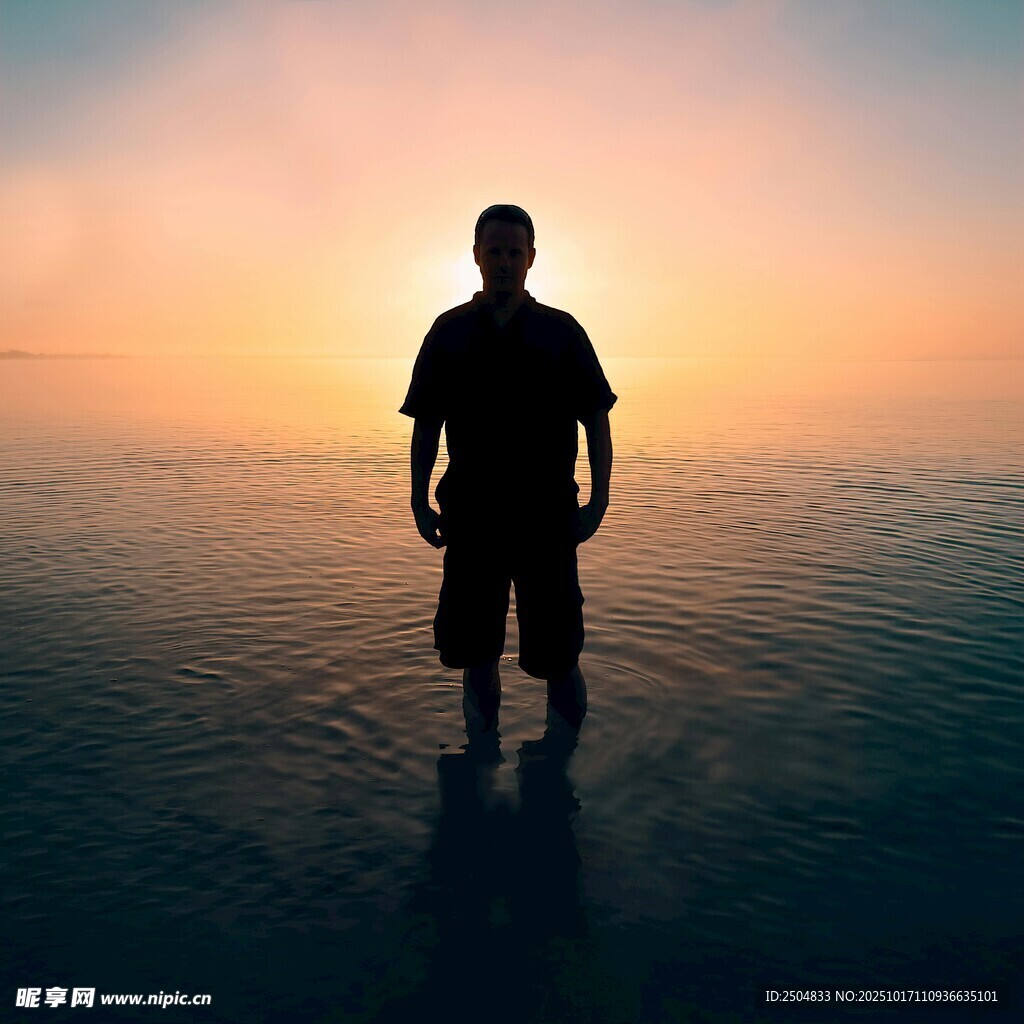 夕阳下海边的孤独身影
