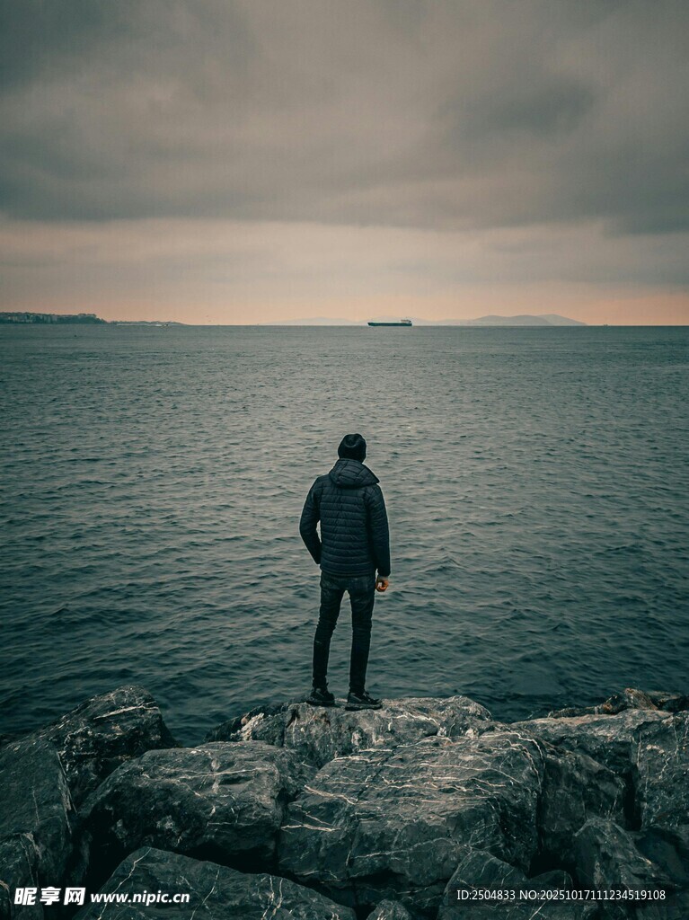 孤独旅人 静立海边岩石