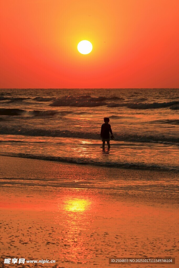夕阳下的海边独行者