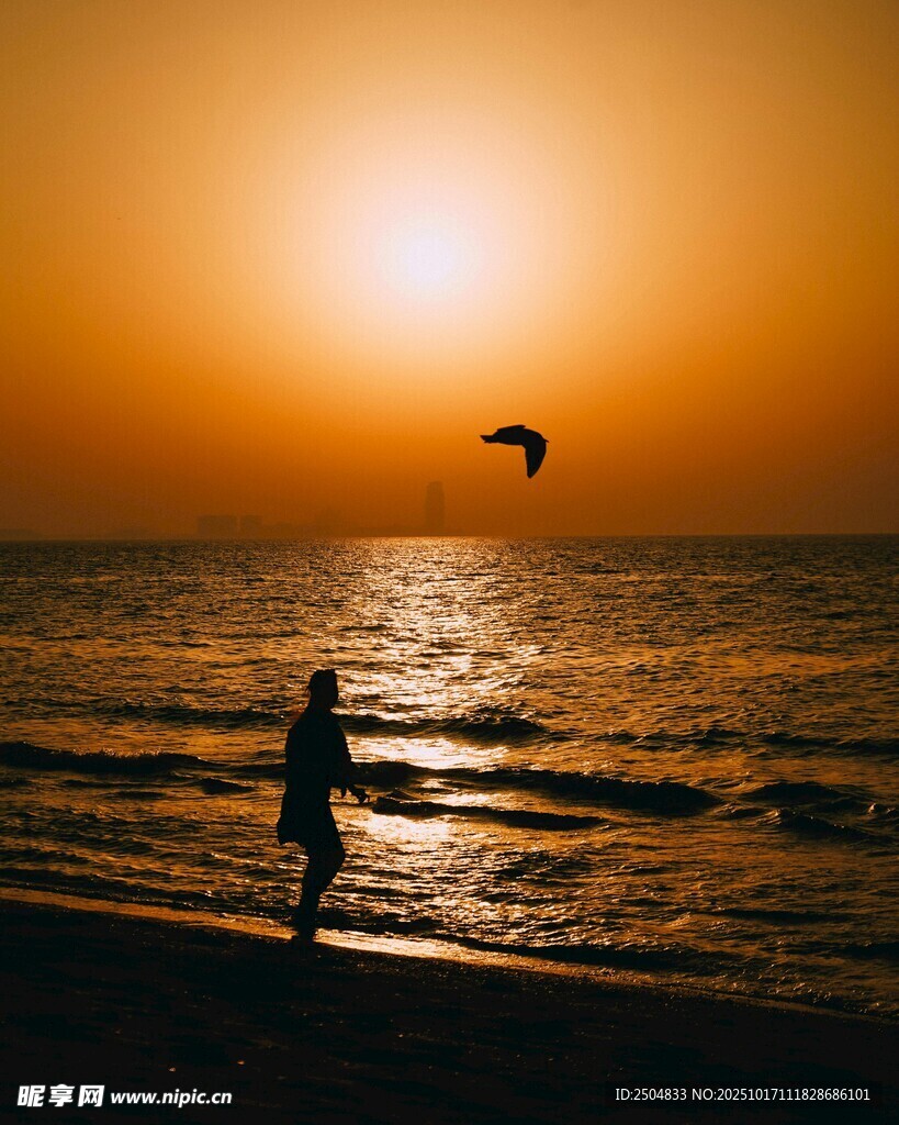 夕阳下海边的孤独身影