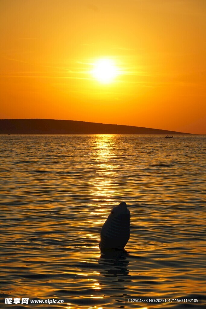 夕阳下海中孤独的身影